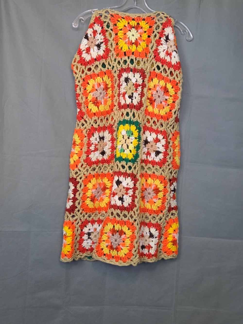 VINTAGÈ Crochet Granny Square MINI Dress Orange Multicolor
